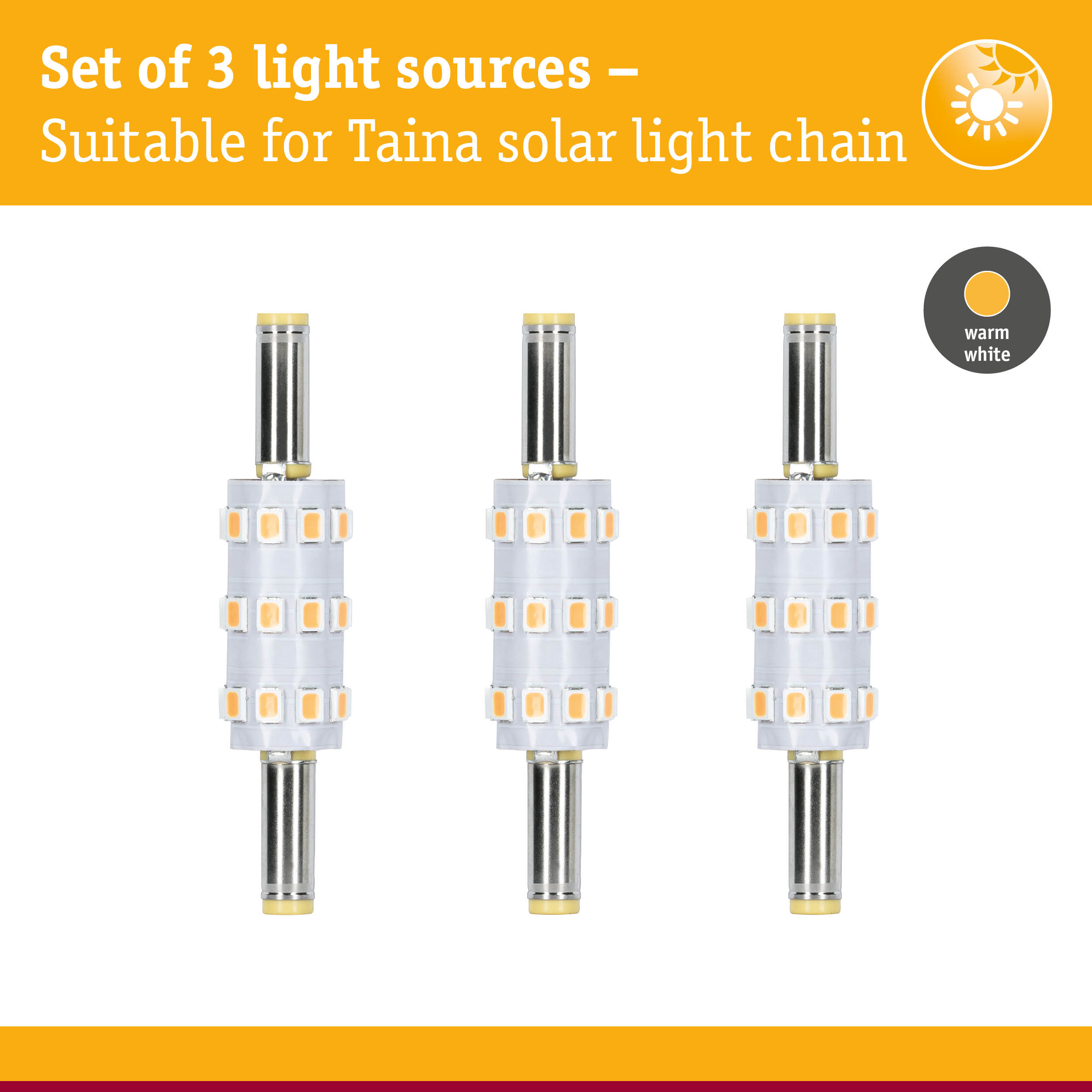 Set of 3 warm white LED light sources for Taina solar light chain, energy-efficient lighting