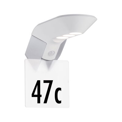 Modern white LED house number light with motion sensor and clear acrylic plate for outdoor use.