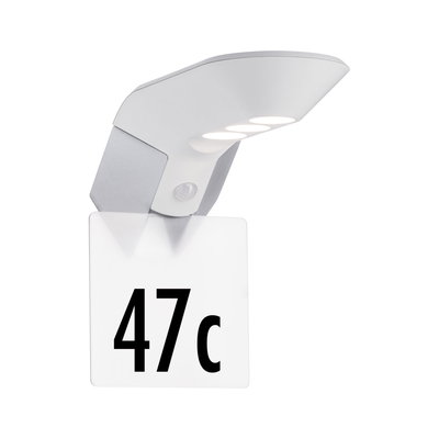 Modern white LED house number light with motion sensor and clear acrylic plate for outdoor use.