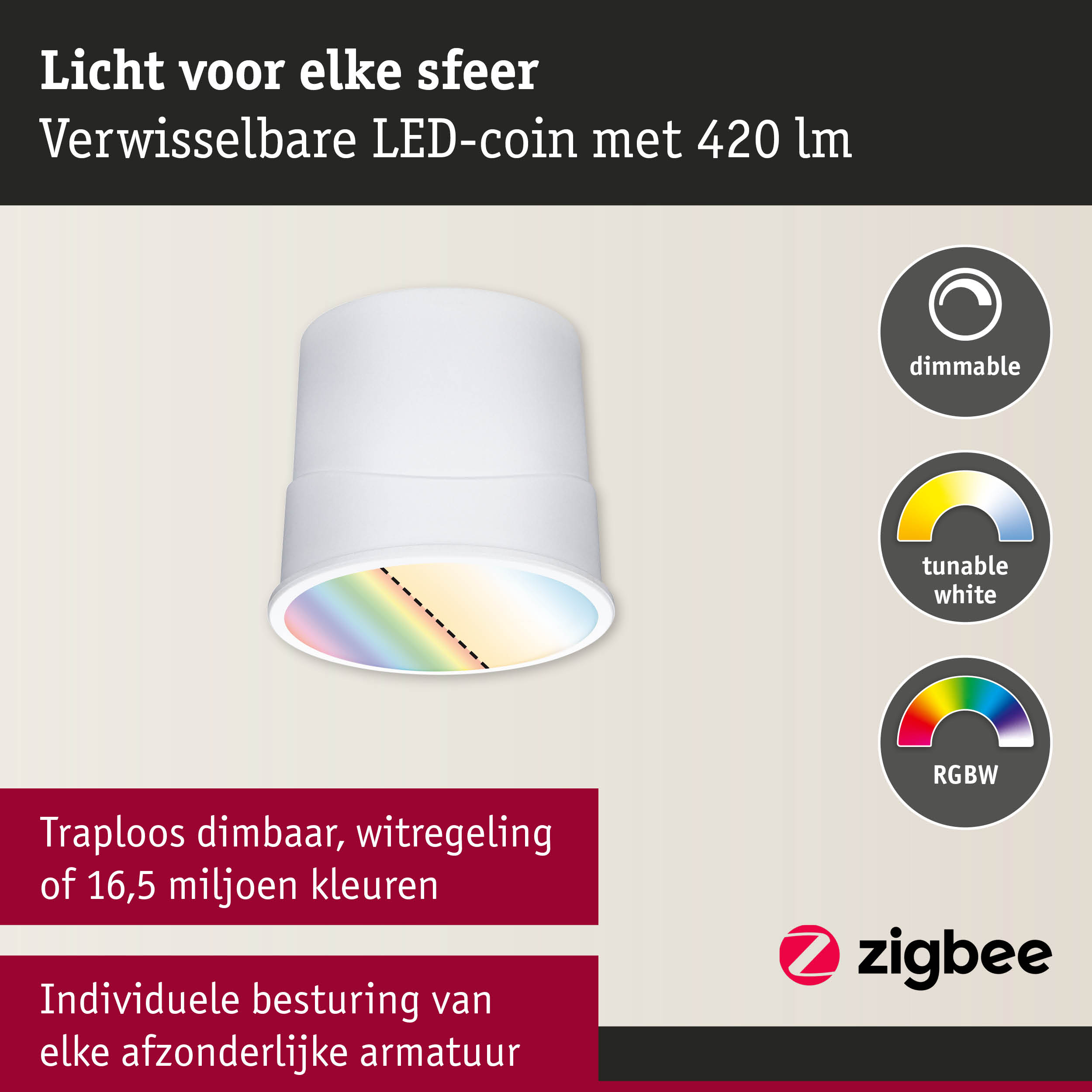 Witte LED-plafondspot met dimbare en instelbare witte lichtkleur, RGBW-kleurregeling