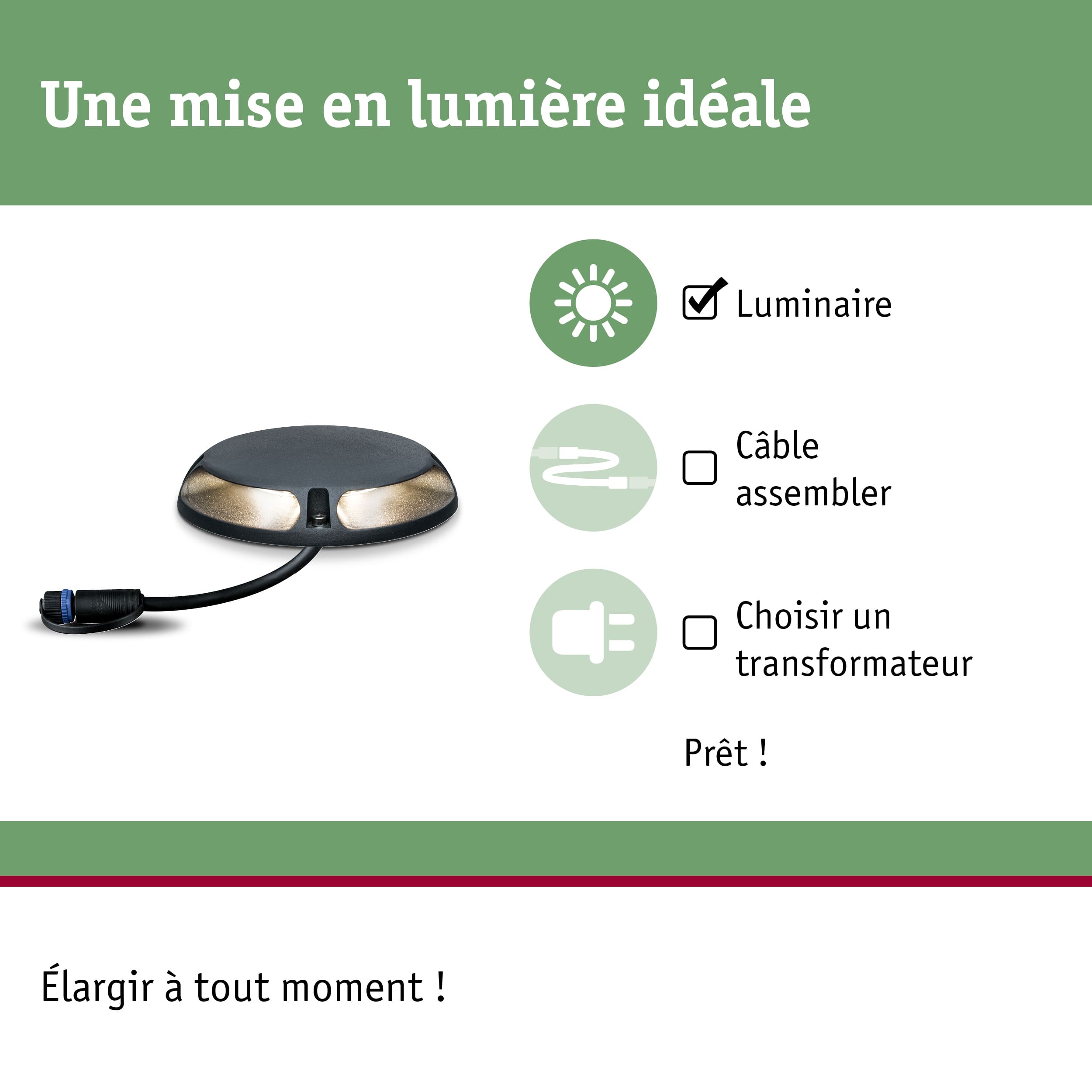 Luminaire LED rond noir encastré au sol avec câble pour éclairage extérieur