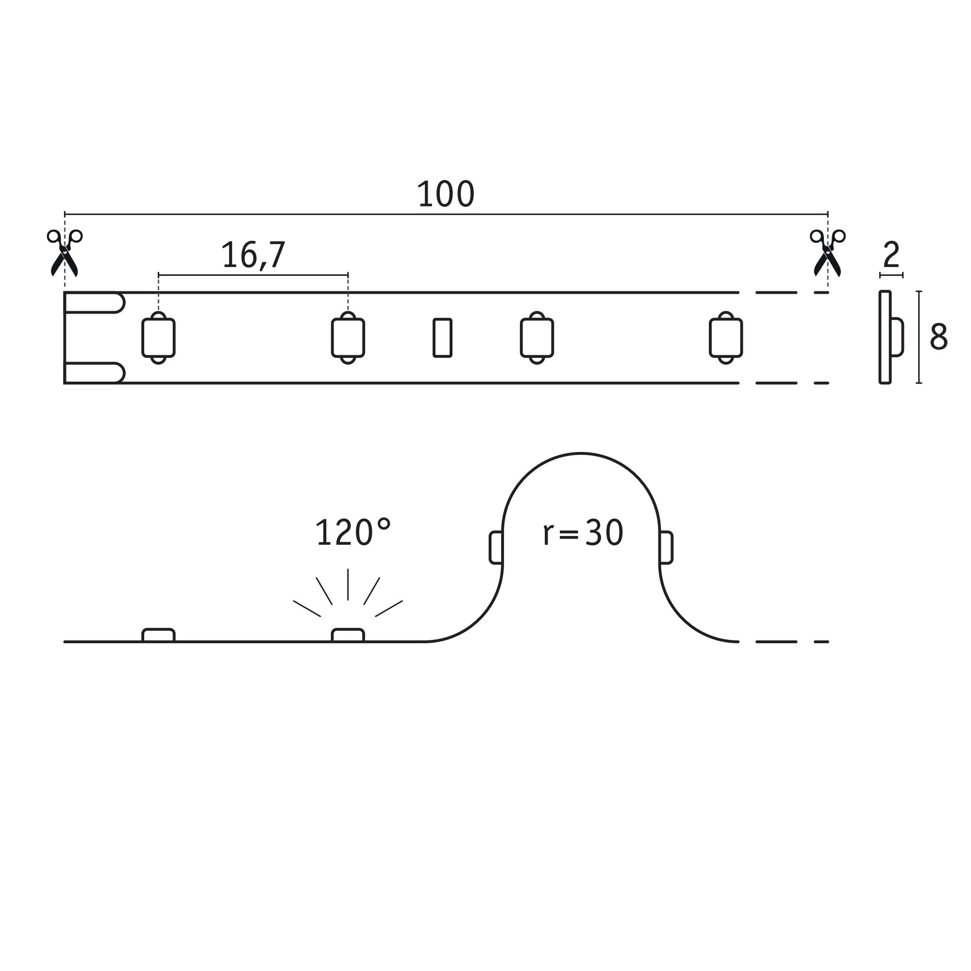 Schéma technique d’une bande LED de 100 mm de long et 8 mm de haut avec marques de coupe et angle de 120°.