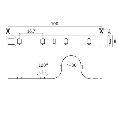 Schéma technique d’une bande LED de 100 mm de long et 8 mm de haut avec marques de coupe et angle de 120°.