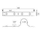 Technische tekening van LED-lichtstrip van 100 mm lang en 8 mm hoog met knipmarkeringen en 120° lichthoek.