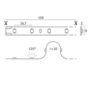 Technische Zeichnung eines LED-Lichtstreifens mit 100 mm Länge und 8 mm Höhe, Schnittmarken sichtbar.