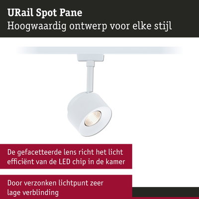 Witte URail Spot Pane LED-spot met gefacetteerde lens voor efficiënte kamerbelichting en lage verblinding