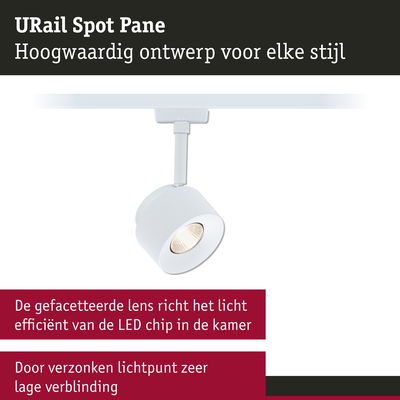 Witte URail Spot Pane LED-spot met gefacetteerde lens voor efficiënte kamerbelichting en lage verblinding