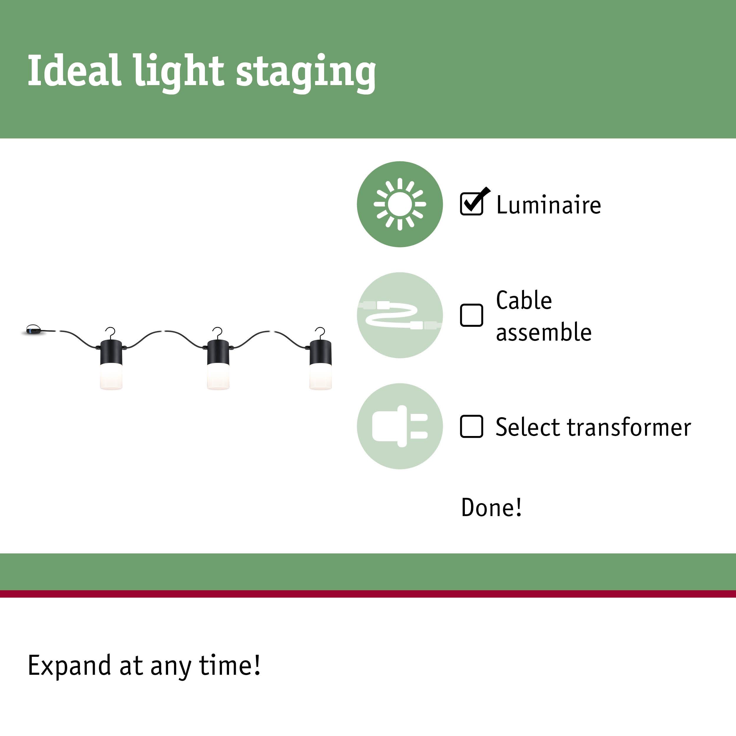 Black LED string lights with three lamps and hooks for flexible indoor lighting setup