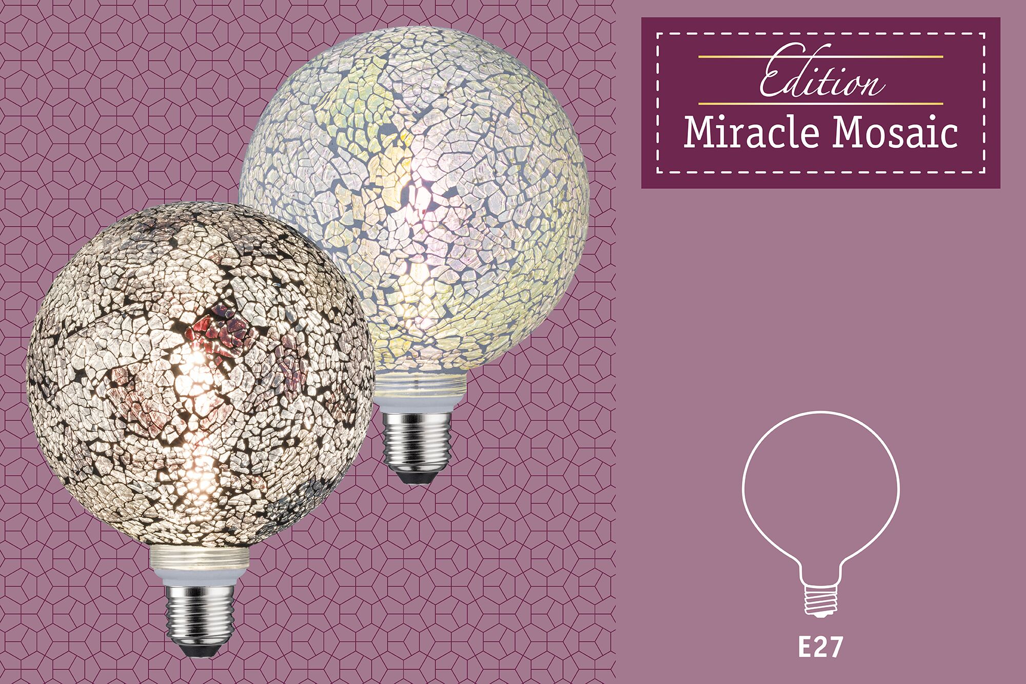 Two E27 mosaic glass bulbs in white and brown for decorative indoor lighting solutions.