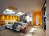 Moderne slaapkamer met verblindingsvrije LED-downlights en daglicht via dakramen, warme gele muur