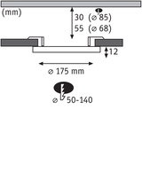 Technische tekening met afmetingen voor inbouwlamp Ø175 mm, inbouwdiepte 12 mm, uitsparing Ø85 mm.