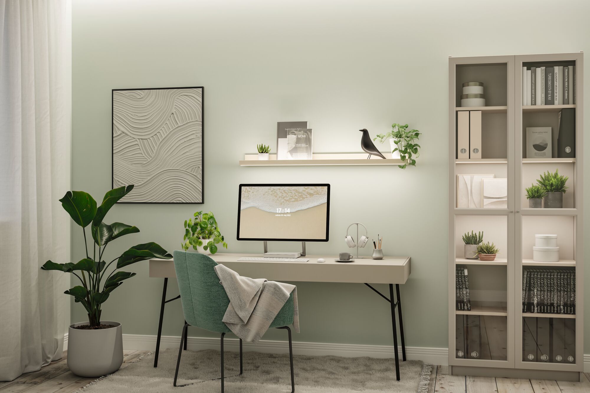 Modernes Home-Office mit hellem Schreibtisch, grünem Stoffstuhl und dekorativer Wandbeleuchtung von Paulmann.