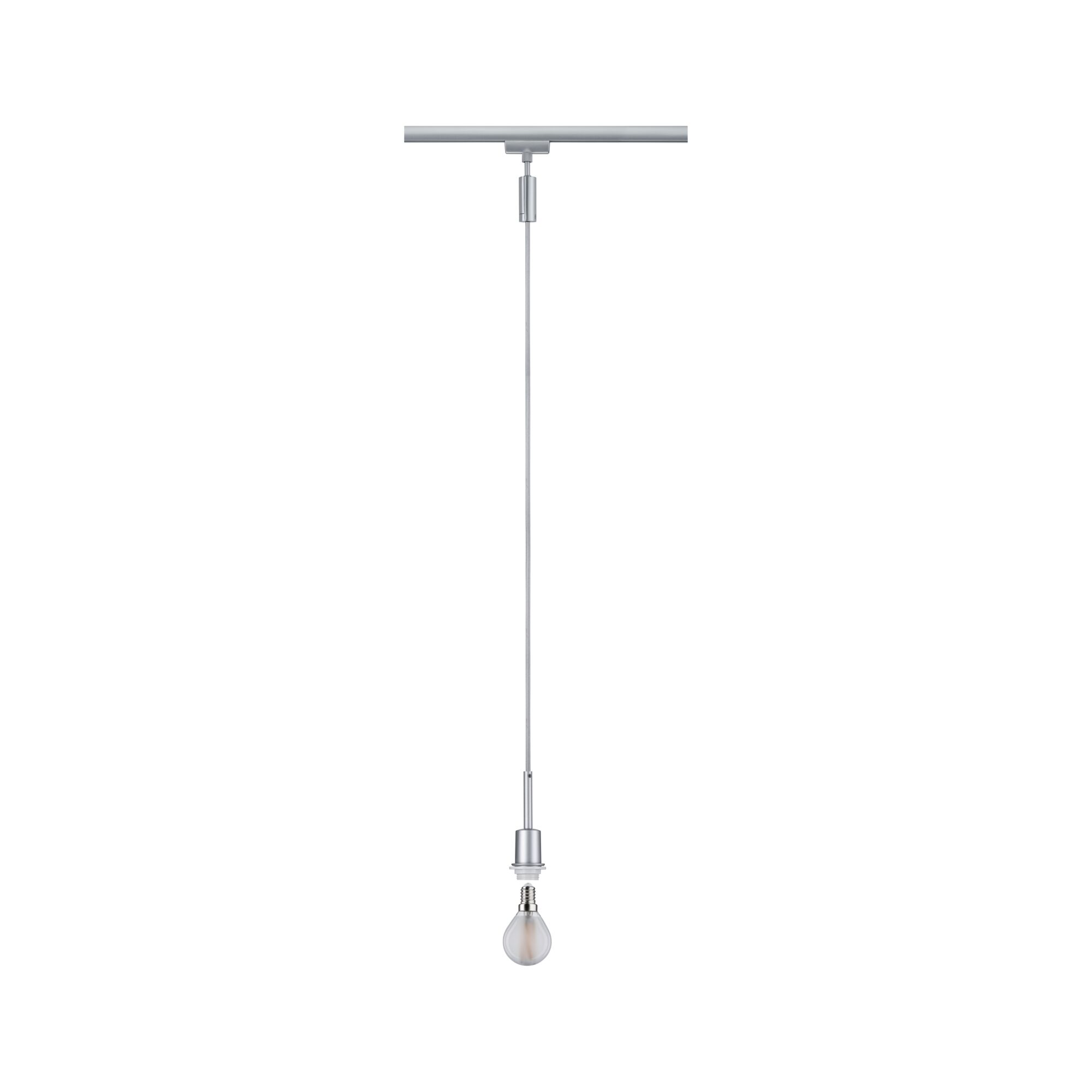 Moderne hanglamp met zilverkleurige metalen behuizing en lamp op railsysteem voor flexibele verlichting