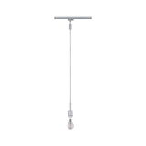 Modern pendant light with silver metal housing and bulb on track system for flexible lighting solutions