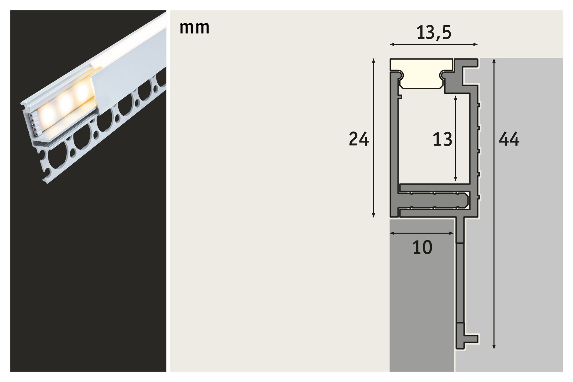 Teknisk tegning og nærbillede af hvidt aluminium LED-profil med mål i millimeter.