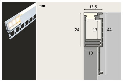 Teknisk tegning og nærbillede af hvidt aluminium LED-profil med mål i millimeter.