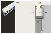 Silver aluminium LED profile with frosted diffuser and technical dimensions for recessed lighting
