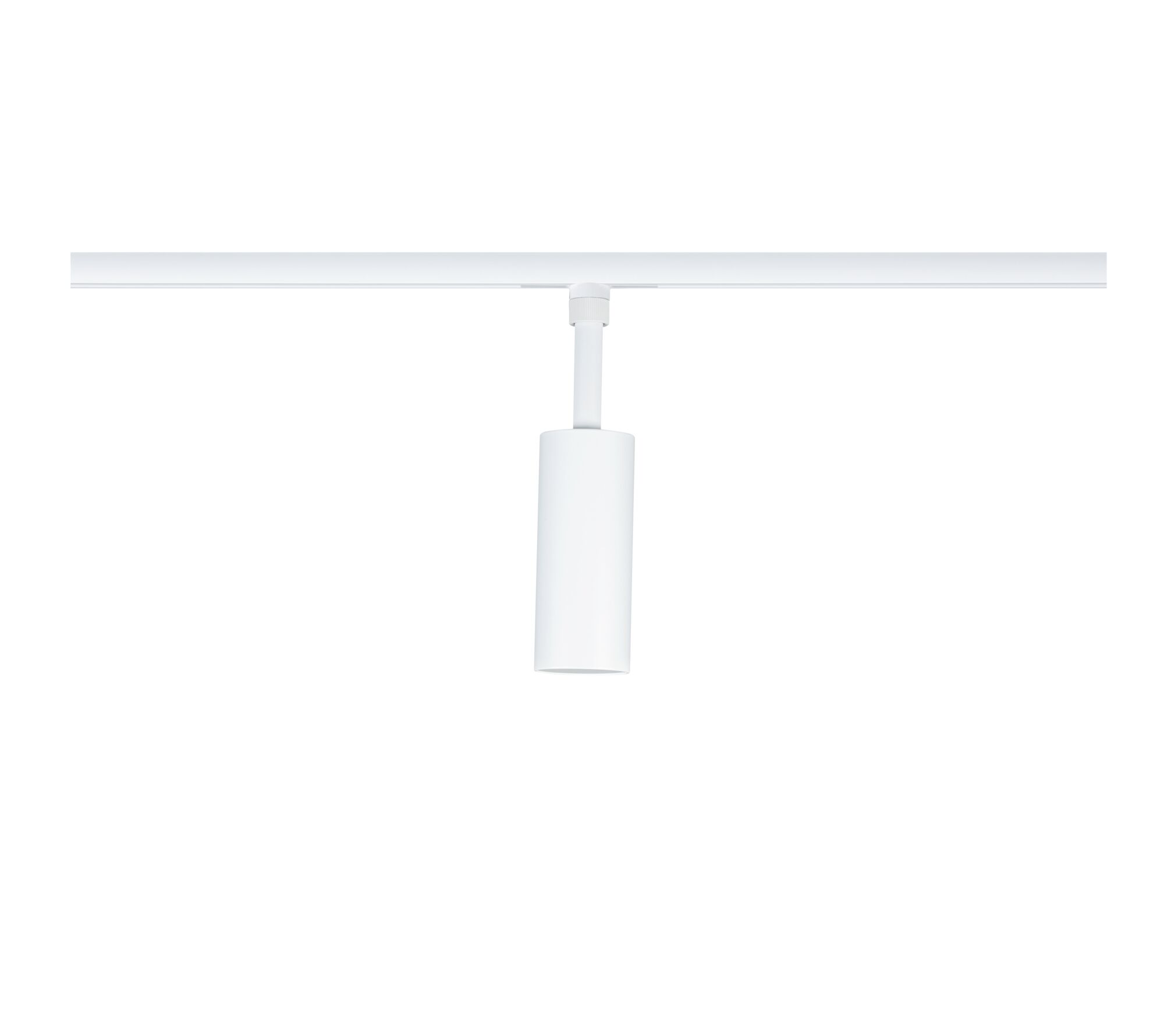 Moderner weißer LED-Strahler aus Metall an Schienensystem für flexible Raumbeleuchtung