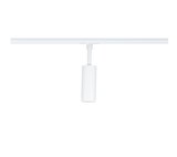 Moderner weißer LED-Strahler aus Metall an Schienensystem für flexible Raumbeleuchtung