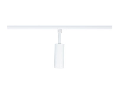 Moderner weißer LED-Strahler aus Metall an Schienensystem für flexible Raumbeleuchtung