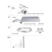 Technical drawing of silver LED spotlight set with dimensions and accessories for indoor lighting