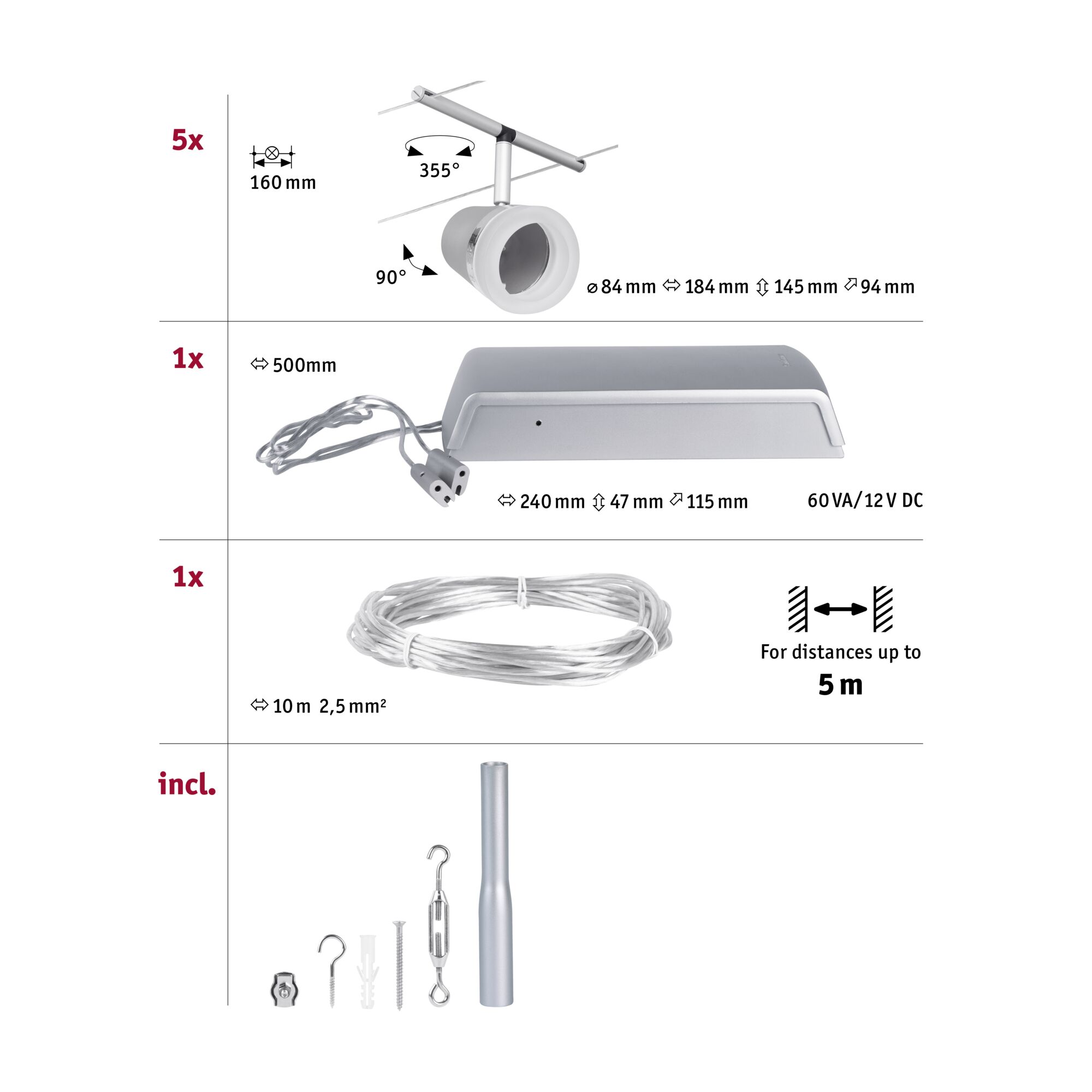 Technical drawing of silver LED spotlight set with dimensions and accessories for indoor lighting