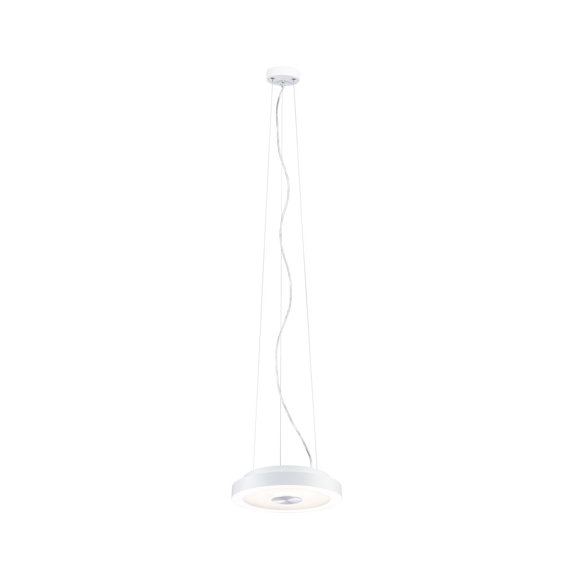 Runde weiße LED-Pendelleuchte aus Metall mit dimmbarer Lichtquelle für moderne Innenräume