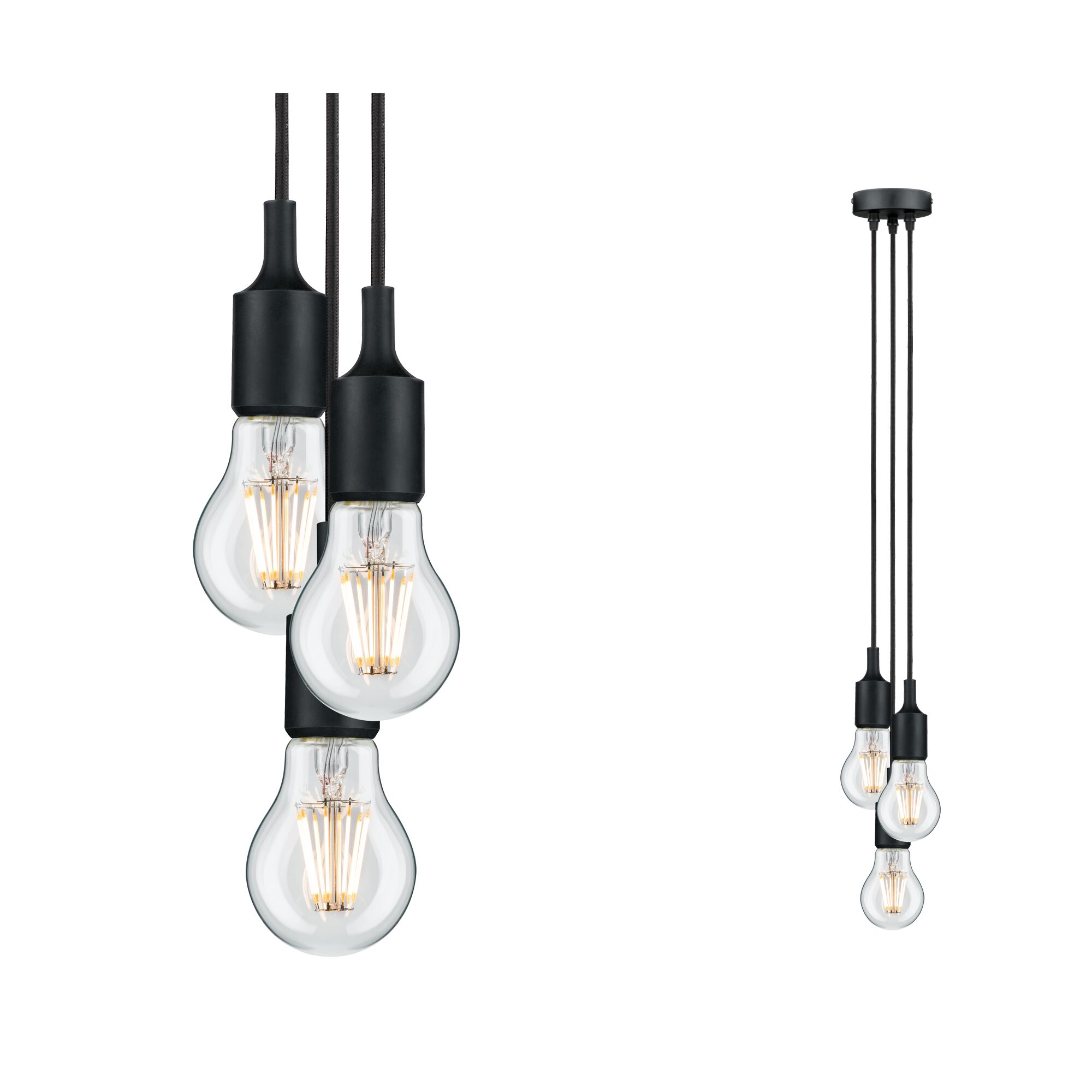 Modern pendant light with three clear bulbs and black cords for stylish room lighting