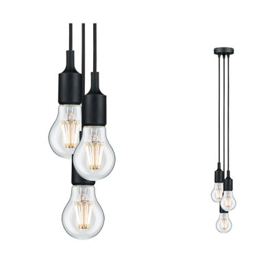 Moderne Pendelleuchte mit drei klaren Glühbirnen und schwarzem Kabel für stilvolle Raumbeleuchtung