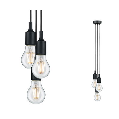 Suspension moderne avec trois ampoules claires et câbles noirs pour un éclairage élégant