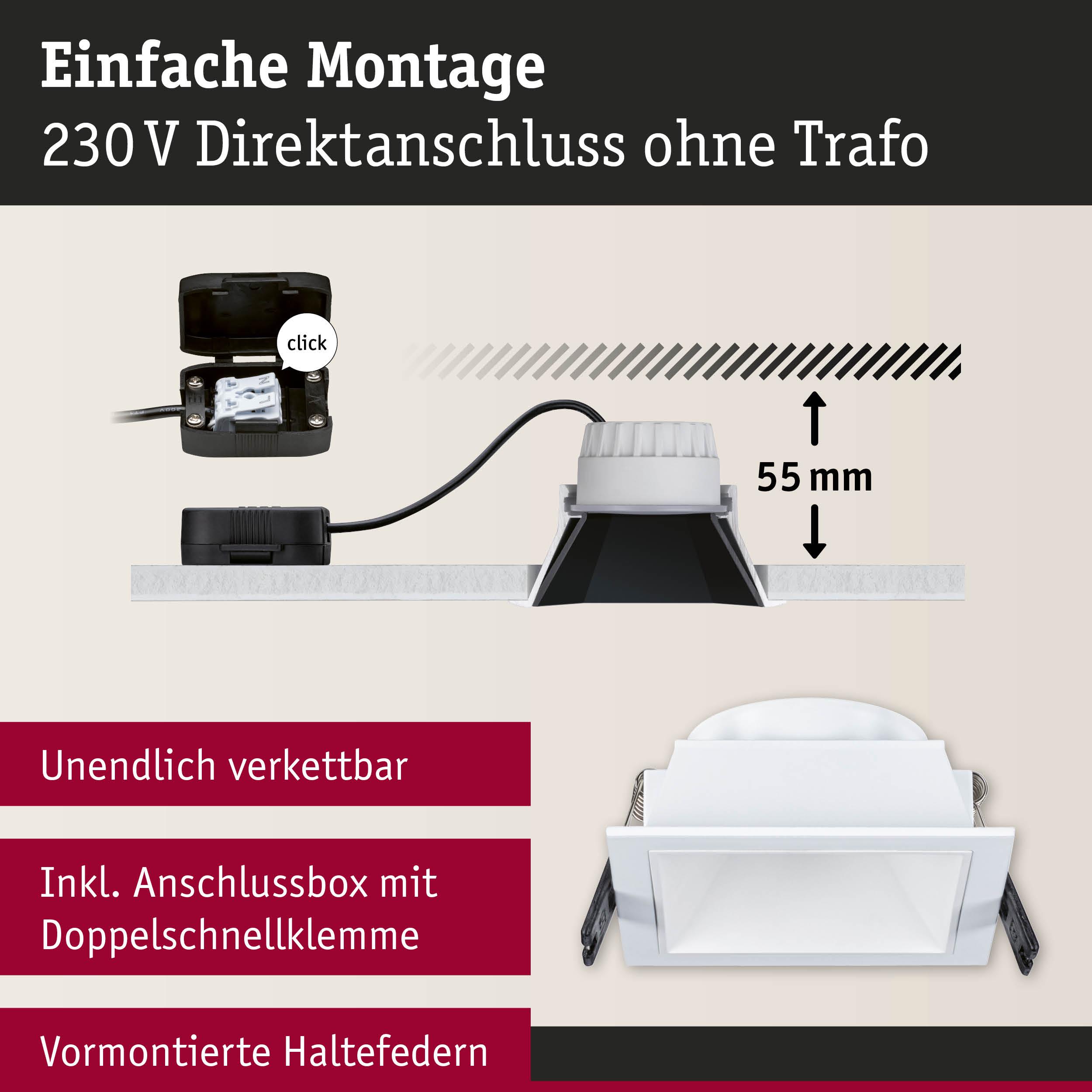 Weißer eckiger LED-Einbaustrahler mit Anschlussbox und 55 mm Einbautiefe für einfache Montage