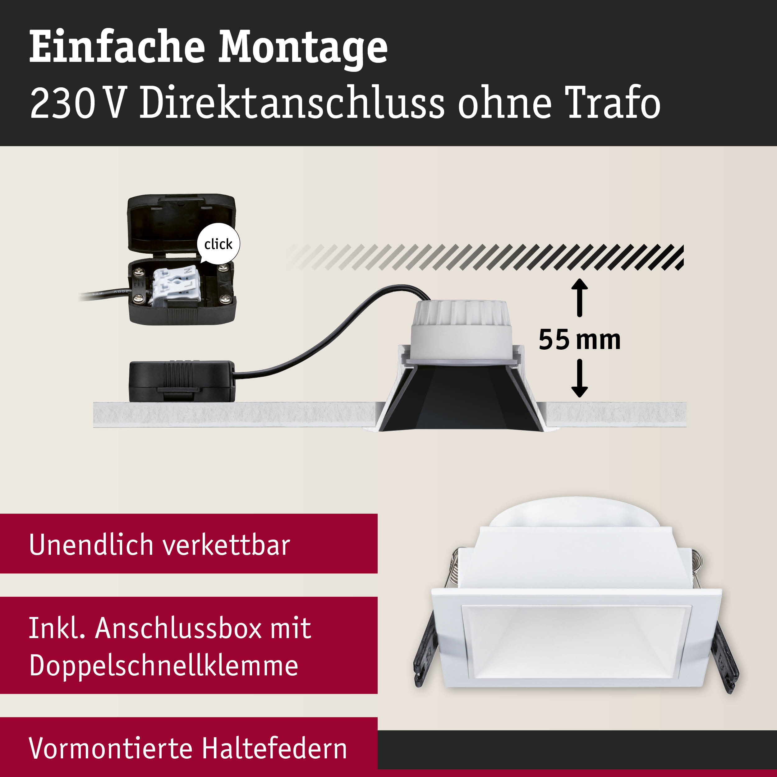 Weißer quadratischer LED-Einbaustrahler mit Anschlussbox und 230V Direktanschluss ohne Trafo