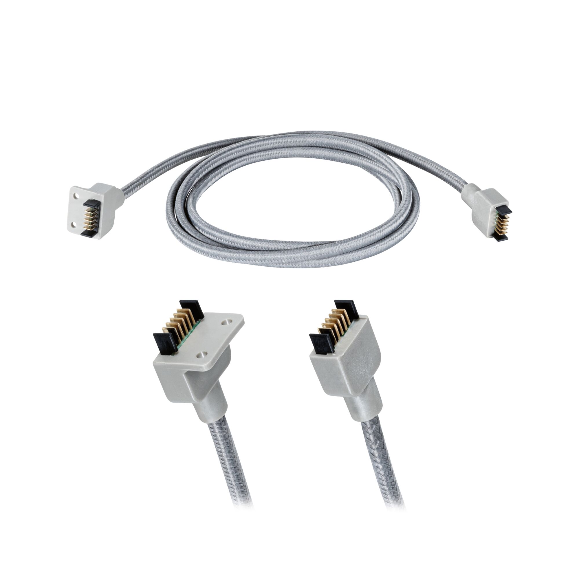 Câble de connexion gris avec connecteurs rectangulaires et contacts métalliques pour éclairage LED.