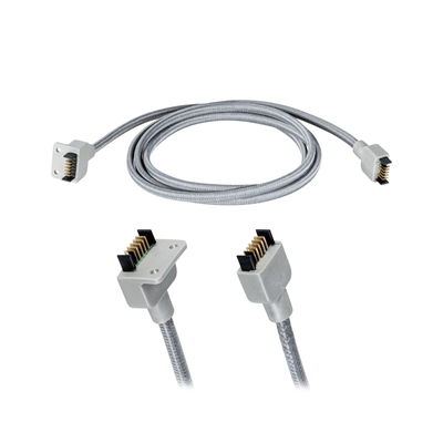 Câble de connexion gris avec connecteurs rectangulaires et contacts métalliques pour éclairage LED.