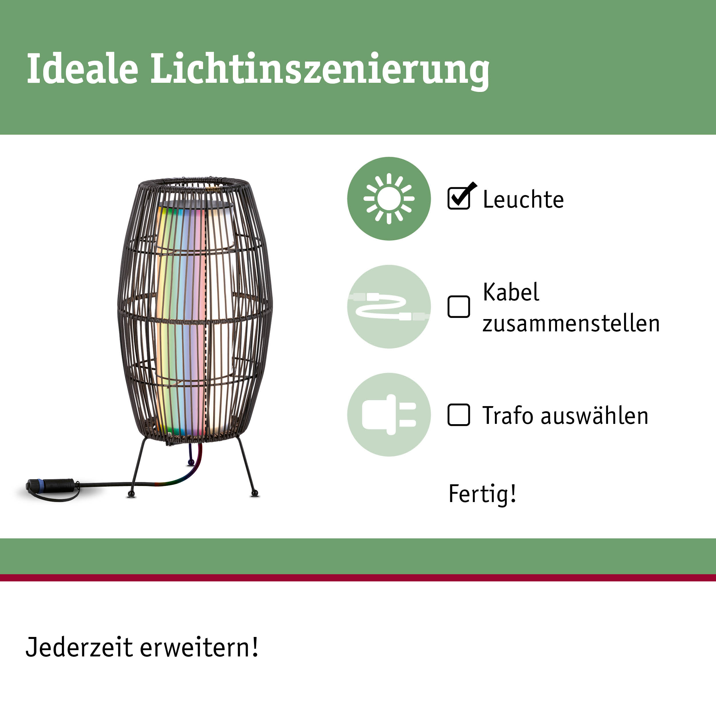 Schwarze Metall-Stehlampe mit buntem LED-Licht und Kabel für moderne Wohnraumbeleuchtung