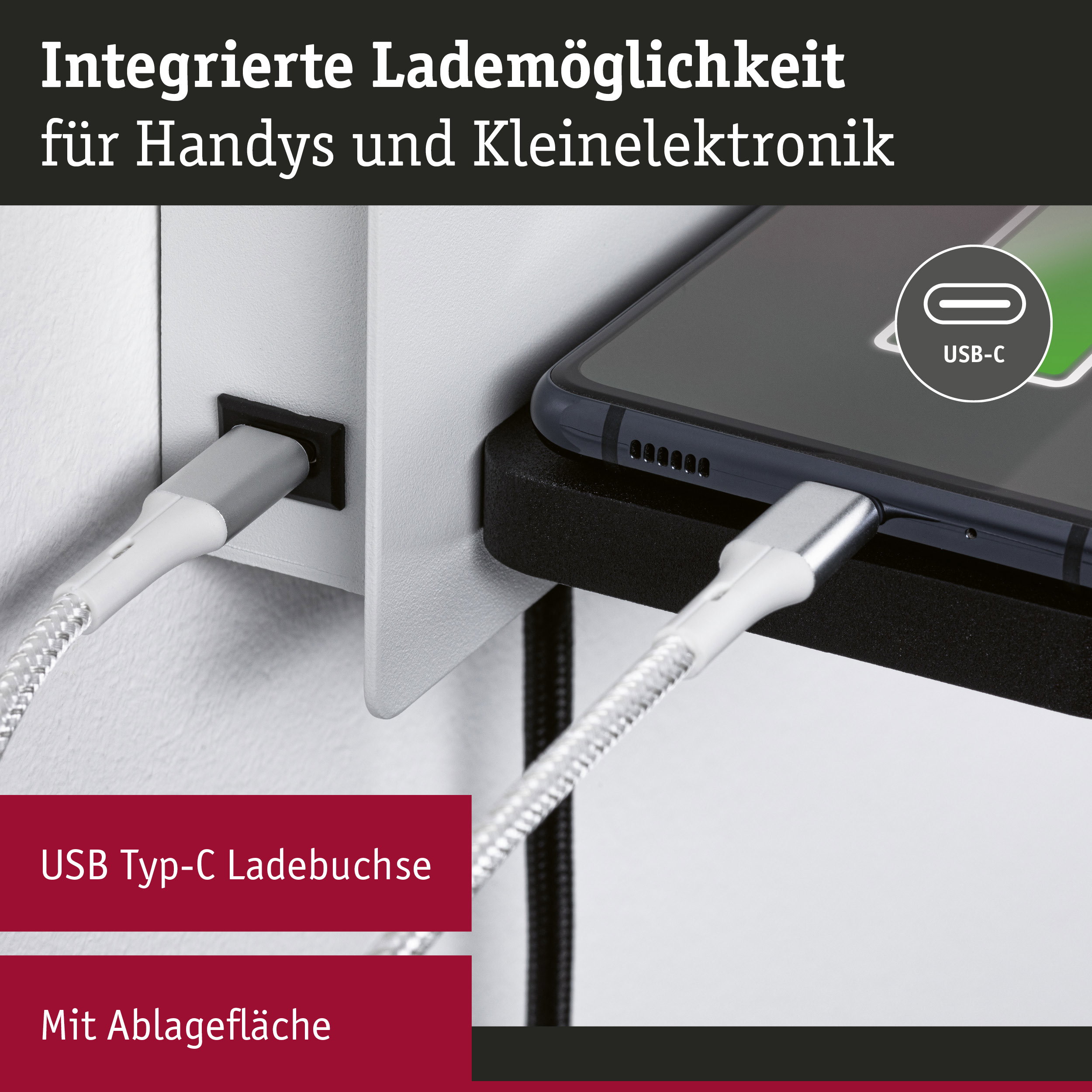 USB Typ-C Ladebuchse mit integrierter Lademöglichkeit für Handys und Kleinelektronik in Weiß