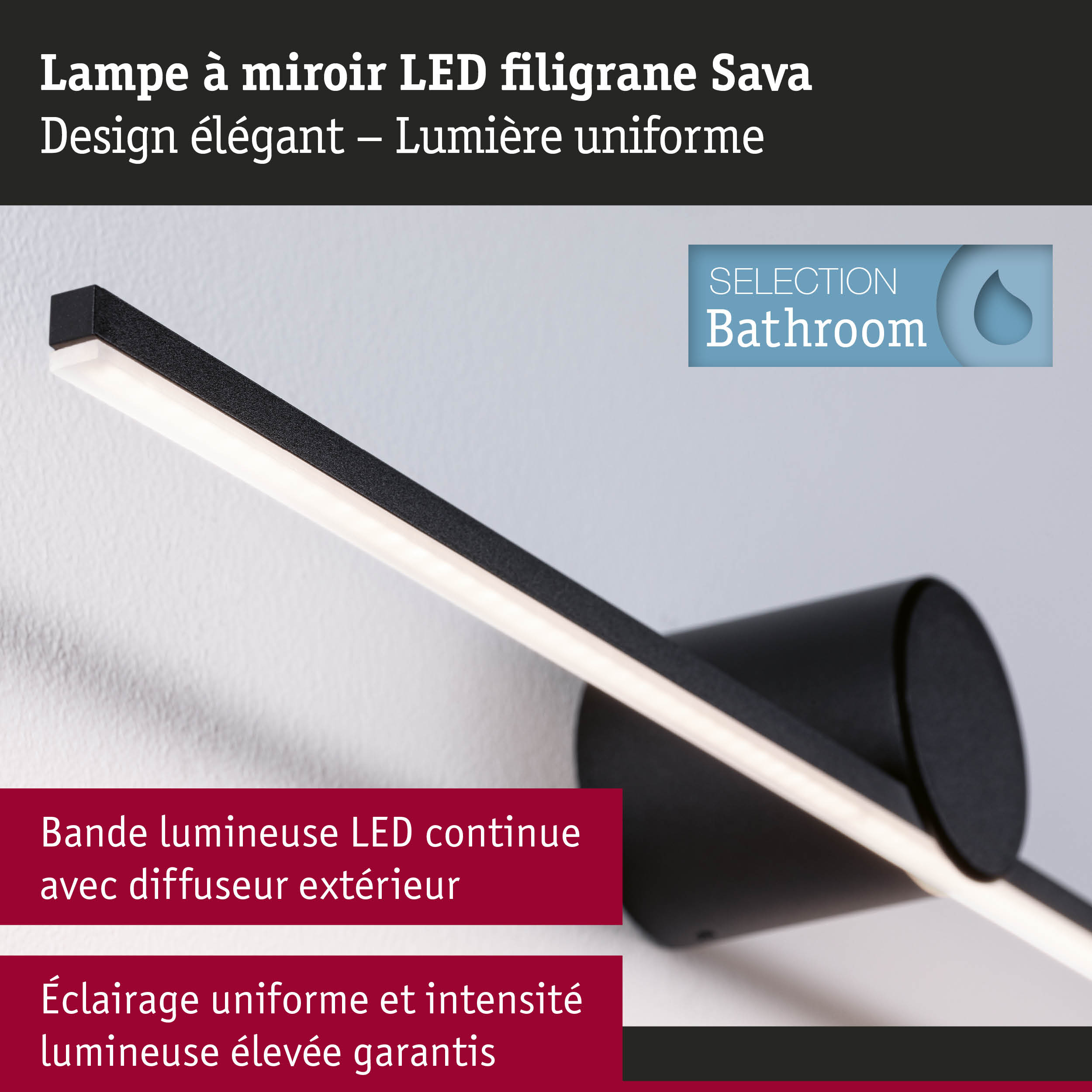 Lampe à miroir LED filigrane noire Sava avec éclairage uniforme pour salle de bain