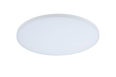 Round white LED ceiling light with matte plastic frame for modern room lighting