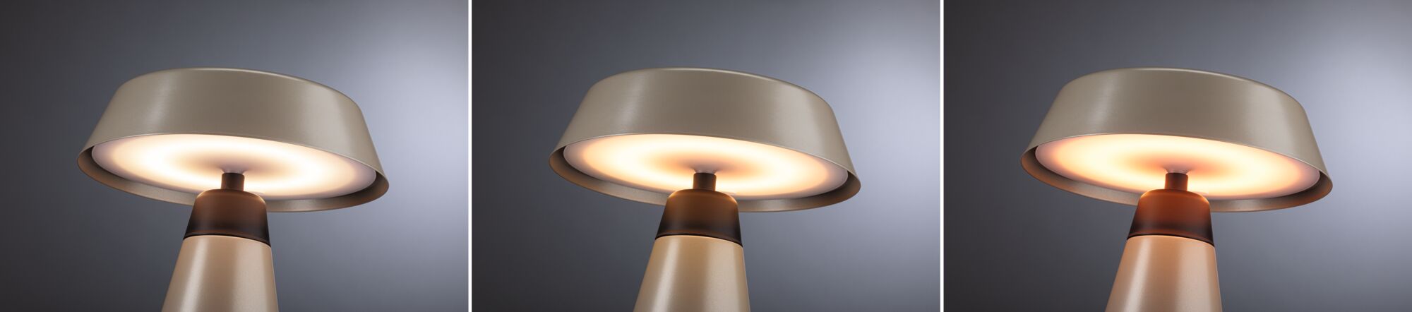 Dreiteiliges Bild einer modernen Tischlampe aus beige lackiertem Metall mit warmweißem Licht