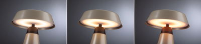 Dreiteiliges Bild einer modernen Tischlampe aus beige lackiertem Metall mit warmweißem Licht