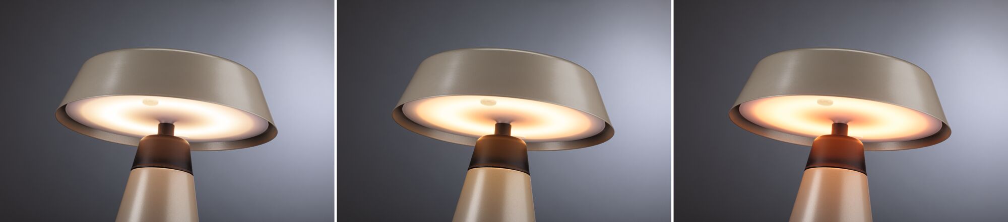 Dreiteiliges Bild einer modernen Tischlampe aus beige lackiertem Metall mit warmweißem Licht