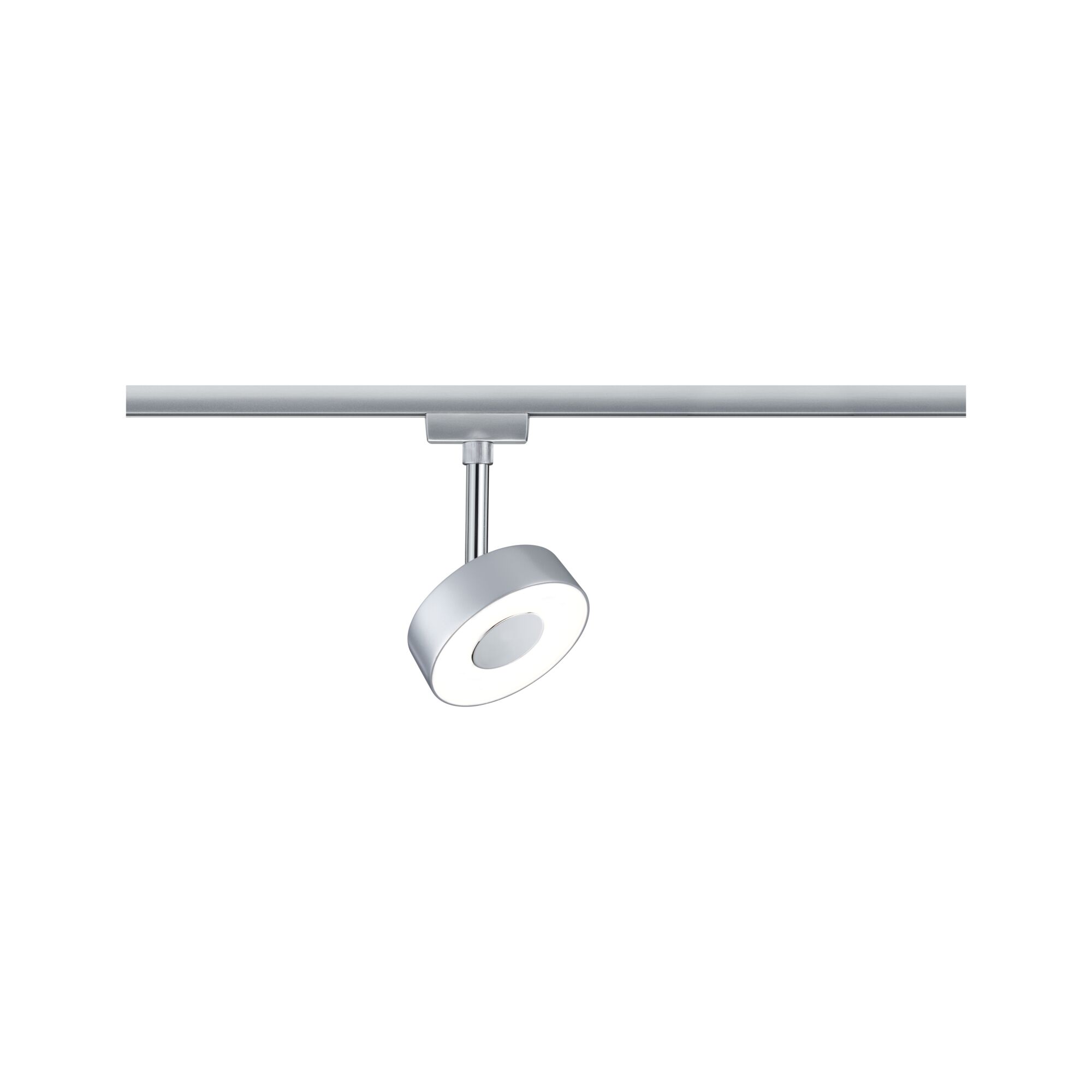 Moderner LED-Spot in Silber mit runder Leuchte am Schienensystem für flexible Raumbeleuchtung