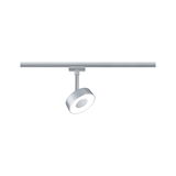 Moderner LED-Spot in Silber mit runder Leuchte am Schienensystem für flexible Raumbeleuchtung