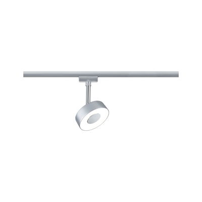 Moderner LED-Spot in Silber mit runder Leuchte am Schienensystem für flexible Raumbeleuchtung