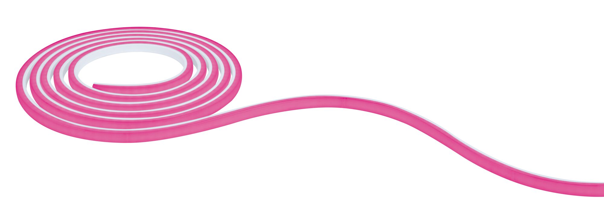 Flexible pink LED light strip with white core for decorative lighting and accent highlights.
