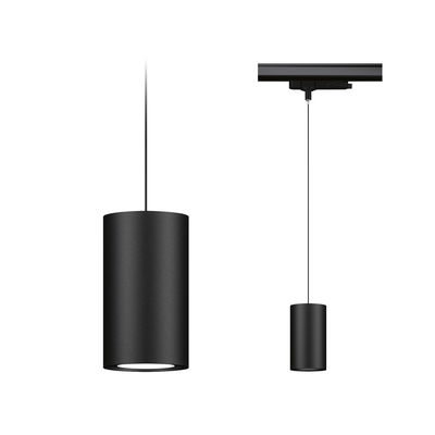 Black cylindrical metal LED pendant light with cable suspension for modern interior lighting