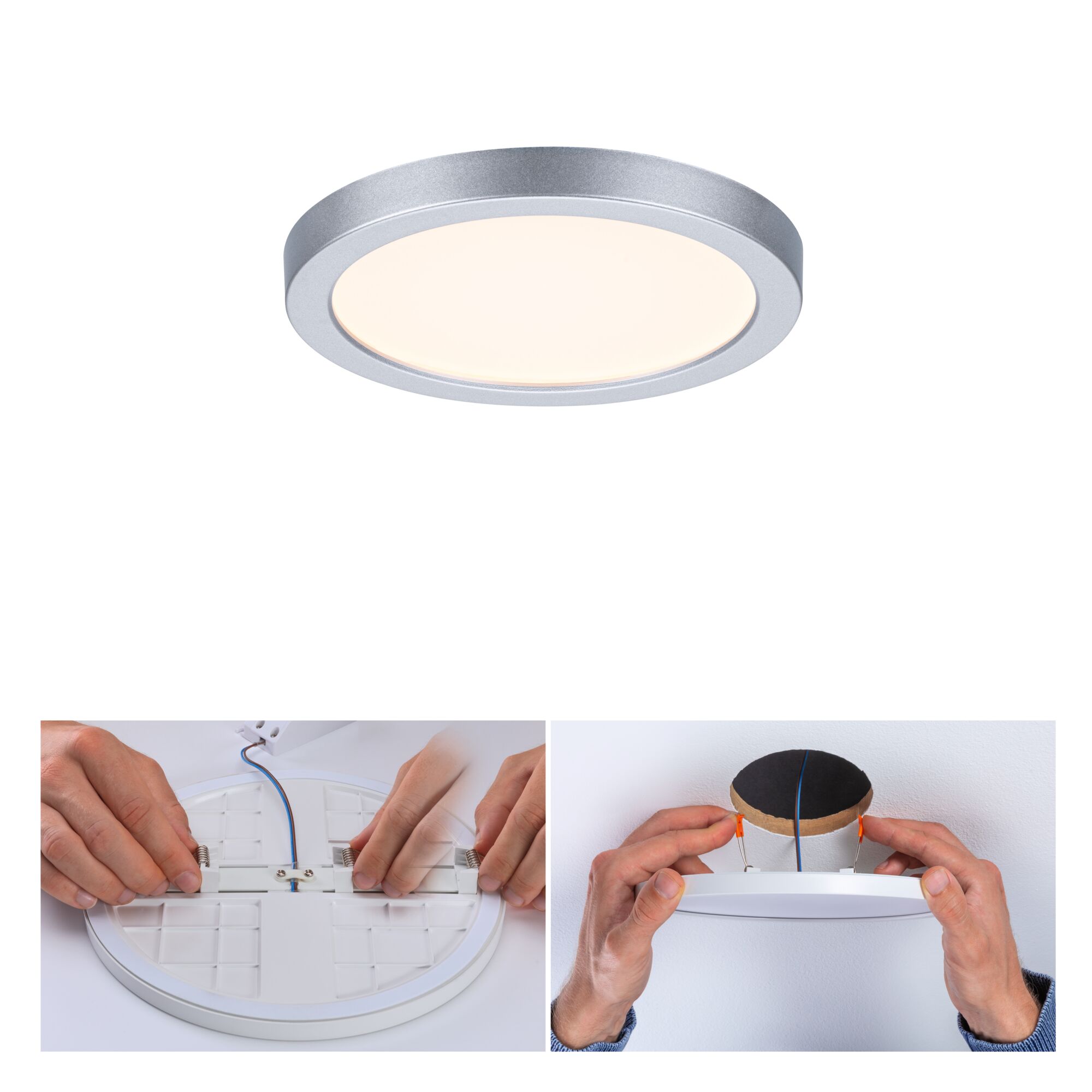 VariFit LED-inbouwpaneel Areo IP44 rond 118mm 6,5W 550lm 3000K Chroom mat Rond zilverkleurig LED-plafondpaneel met warm wit licht en montagehandleiding voor inbouwlamp