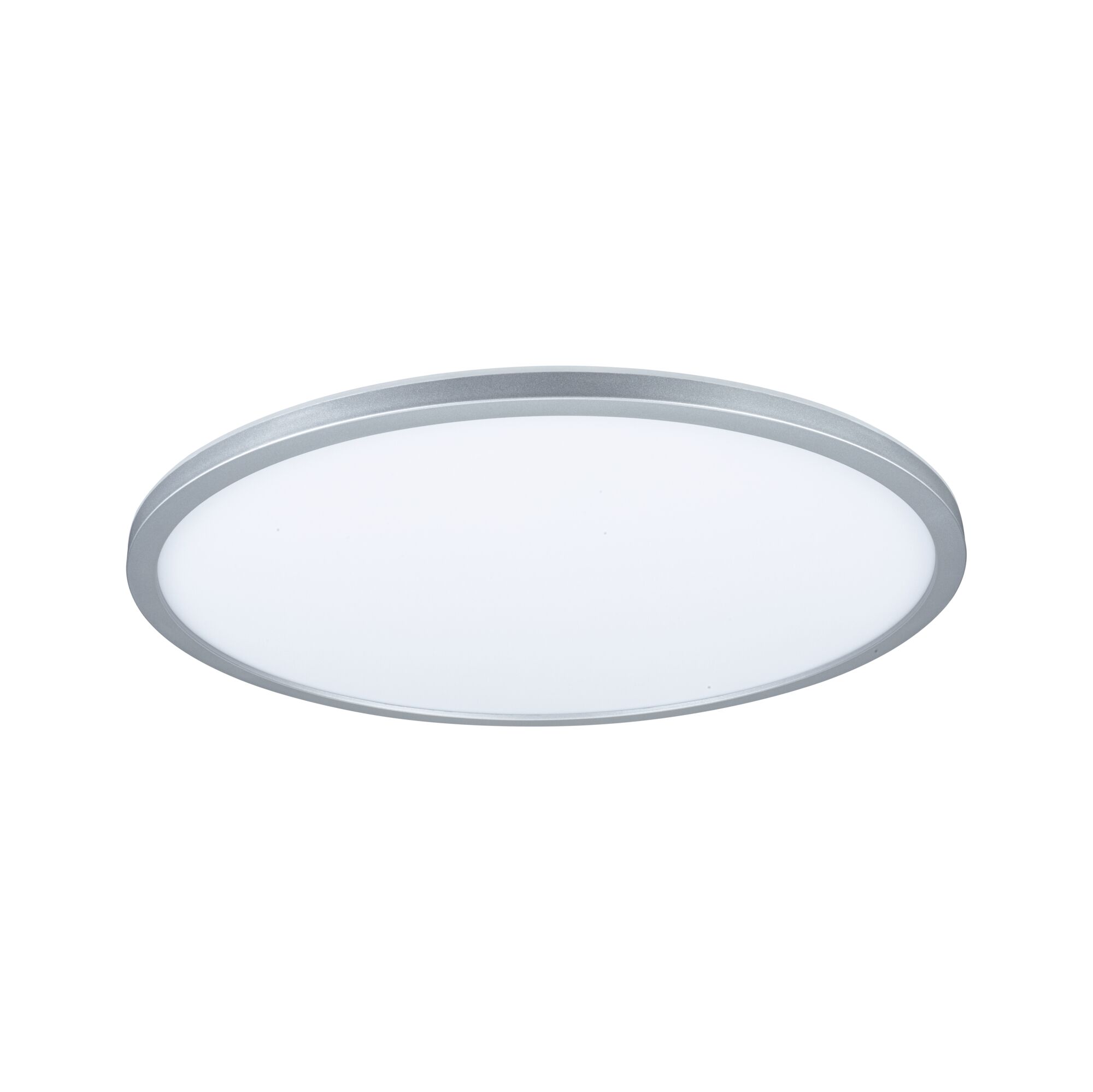 Round LED ceiling panel with silver aluminum frame and white diffuser for modern room lighting