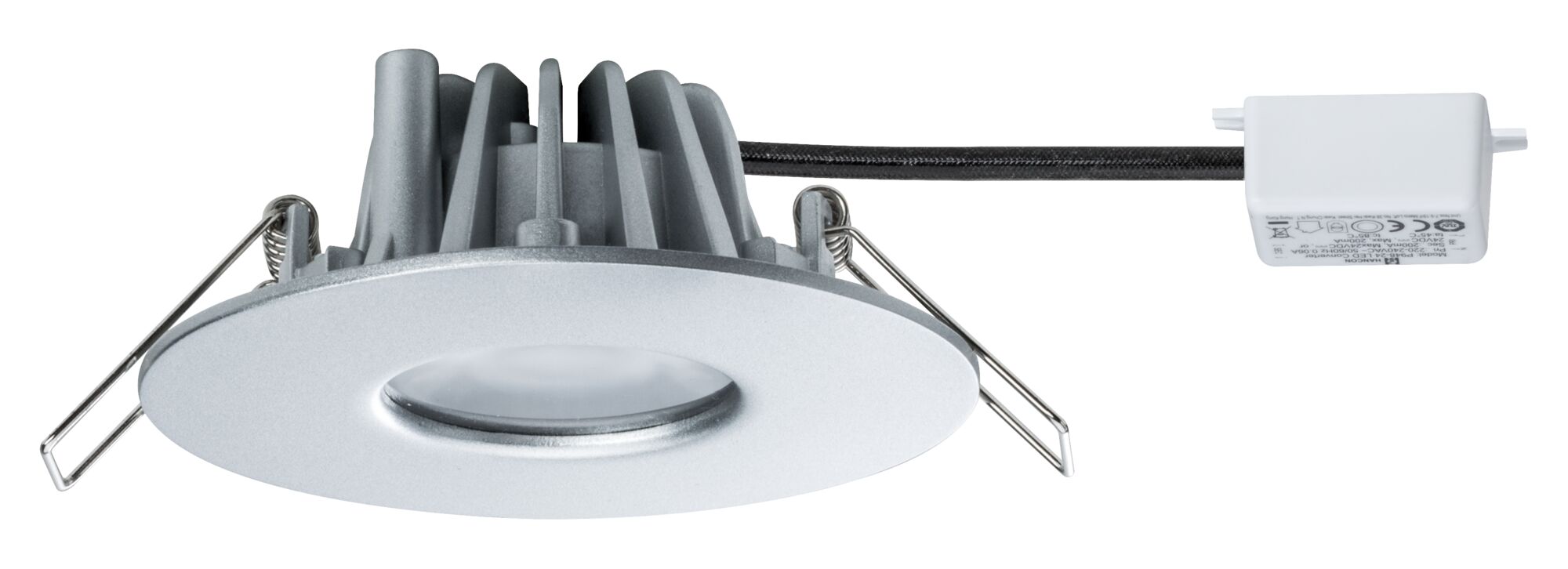 Ronde LED-inbouwspot van zilverkleurig aluminium met witte driver en veerclips voor plafondmontage
