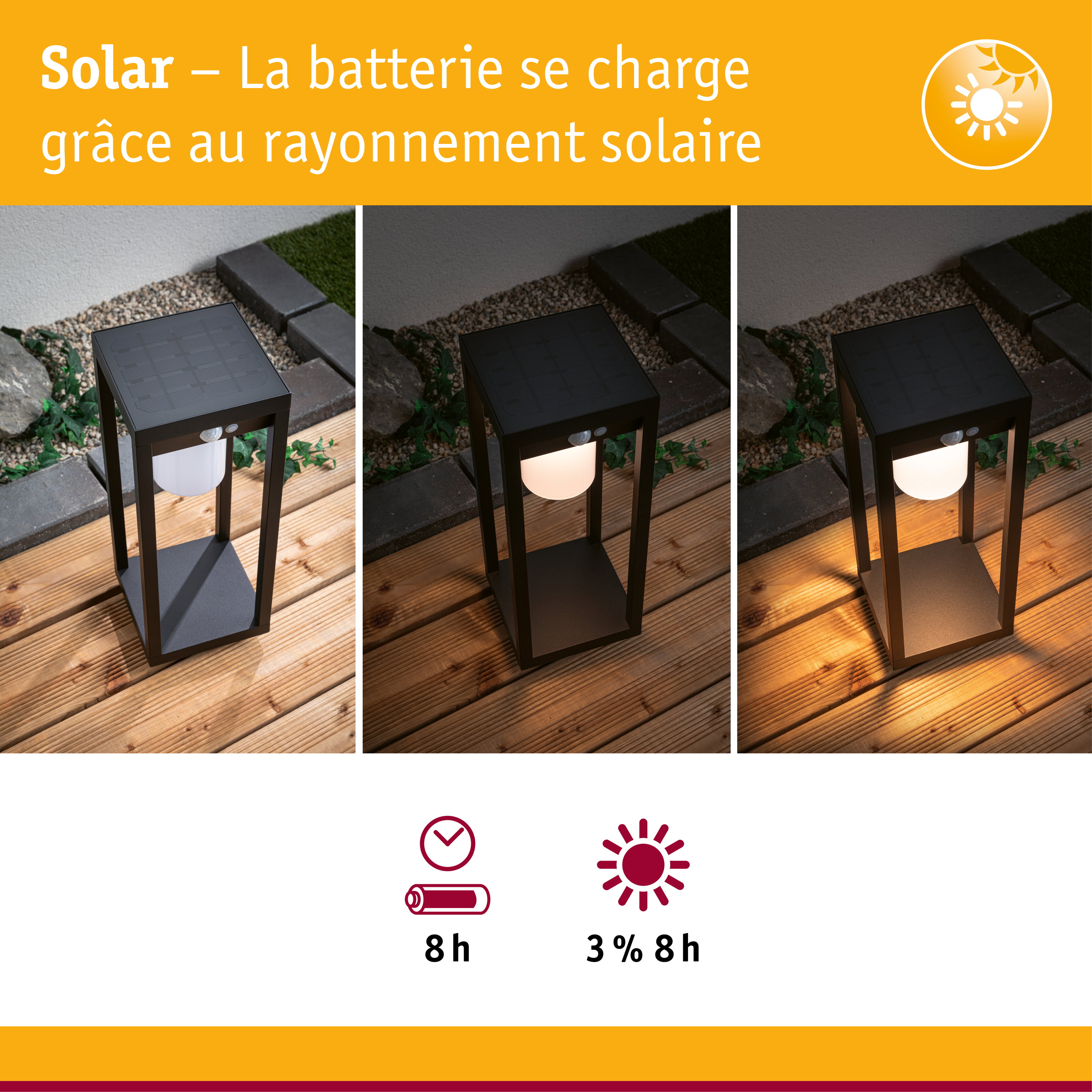 Lampe de jardin solaire noire en métal avec diffuseur blanc sur terrasse en bois de jour comme de nuit